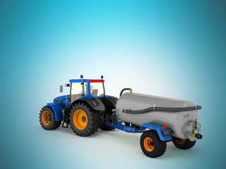 Tractor blue with a barrel of gray 3d render on a blue background