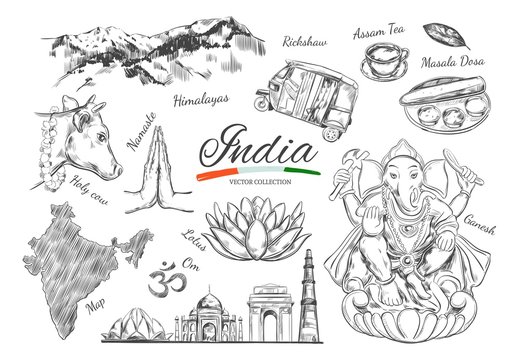 India. Indian Heritage. Vector hand drawn symbols of India. Ganesh, Om, Namaste, Delhi, Cow and other. Isolated objects on white.