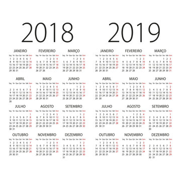 2018 and 2019 years Portuguese pocket vector calendar.