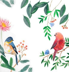 illustration à l& 39 aquarelle, oiseaux assis sur une branche d& 39 arbre avec des fleurs