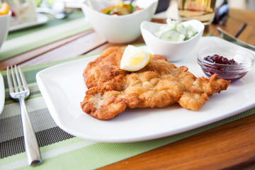 Wiener Kalbsschnitzel mit Preiseilbeeren, Gurkensalat und Bratkartoffeln im Biergarten