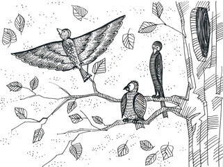 графический рисунок, птицы сидят на ветке дерева у дупла, декоративная графика