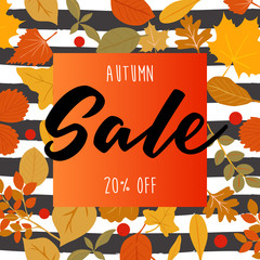 Autumn sale vector illustration with autumn leaves and striped background