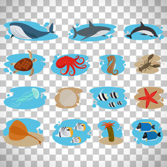 Sea animals set on transparent background