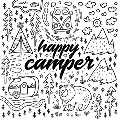 Happy camper vector hand drawn card. Cartoon camping print