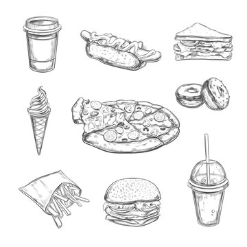 Fastfood dishes with drinks . Vector Hand drawn Isolated vector objects. Hamburger, pizza, hot dog, cheeseburger, coffee and soda cups, ice cream , french fries, popcorn , donuts, rolls, sandwich
