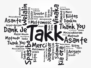 Takk (Thank You in Icelandic) Word Cloud background, all languages, multilingual for education or thanksgiving day