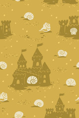 Endless summer backgrond with sandcastles and seashells. Vector illustration