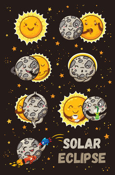 Cute moon practice of yoga. Solar eclipse in phases