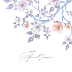 Card with tree branch sakura.Vector border with flowers. Floral frame.