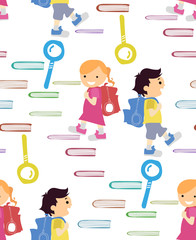 girl and boy go on the books. seamless pattern. back to school. vector illustration.