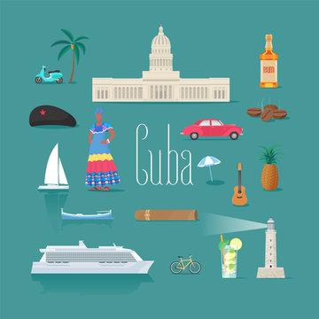 Set of icons with Cuban landmarks in vector