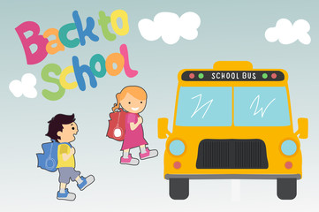 girl and a boy go to school bus. back to school. vector illustration.