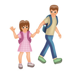 Big brother leads little sister to school. The girl stretching her hand up for greeting. Back to school, cartoon character isolated on white background.