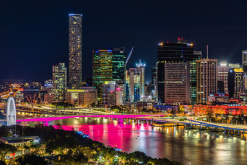 BRISBANE, AUSTRALIA - August 05 2017: Night time areal image of Brisbane CBD and South Bank.