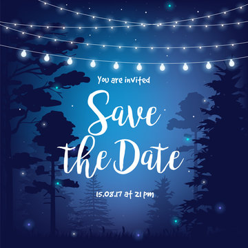 Save the date vector illustration with beautiful night starry sky, palms, leaves and hanging party lights