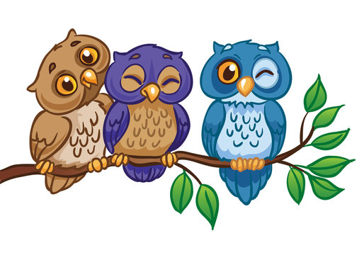 Three owls are sitting on a branch. Isolated on a white background . Vector Illustration