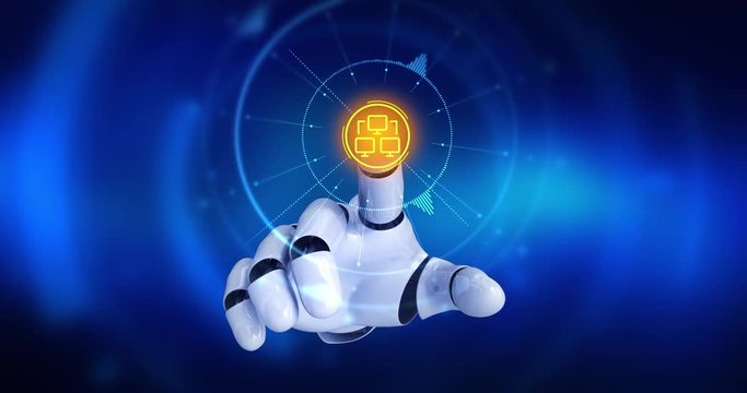 Robot hand touching on screen then computer network symbols appears. 4K+ 3D animation concept.