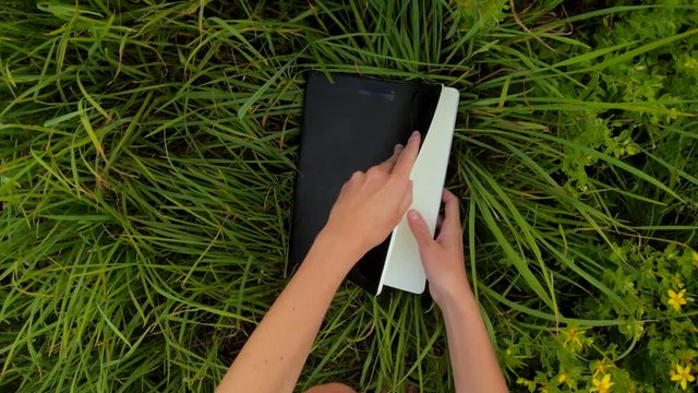 Female hands putting a wild chamomile alongside other dried wild flowers into a notebook