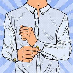 Pop Art Businessman Wearing Cufflinks. Man Fashion Style. Vector illustration