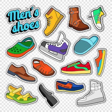 Mens Fashion Doodle. Male Footwear Stickers, Badges and Patches with Sneakers, Boots and Shoes. Vector illustration