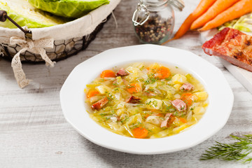 Homemade cabbage soup, cooked on smoked ribs.