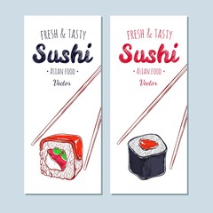 Asian Food banners. Vector hand drawn, Sushi template