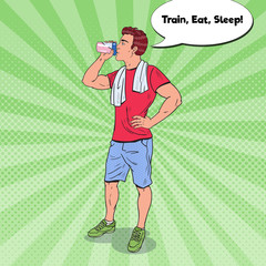 Pop Art Bodybuilder Drinking Protein Shake. Nutrition Supplements. Vector illustration