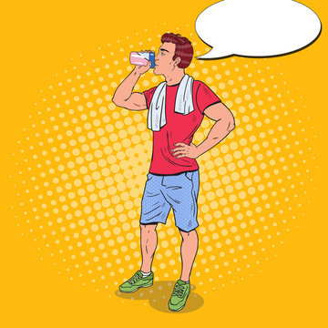 Pop Art Young Man Drinking Protein Shake. Nutrition Supplements. Vector illustration