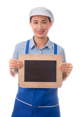 Chef, housewife showing blank menu sign blackboard or blank sign. Woman Cook or baker looking happy Asian young female chef