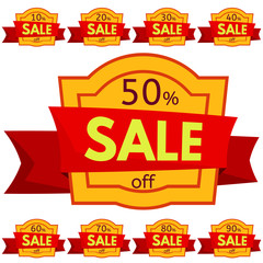 Set of discount stickers. Yellow badges with red ribbon for sale 10 - 90 percent off. Vector illustration.
