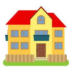 Private house with a red roof and yellow walls on a white background. Vector illustration.
