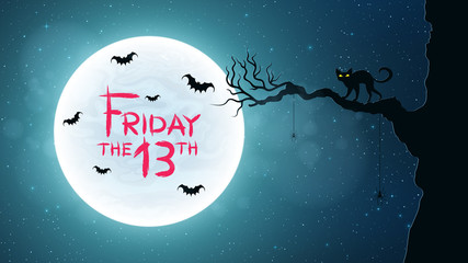Background for Friday 13. Back cat walks through the tree. Bats fly against the background of the full moon. Bloody text in grunge style. Vector illustration © sersupervector