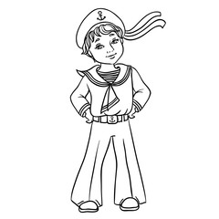 Cartoon cabin boy in uniform sailor. Outlined for coloring book.