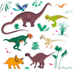 Palm trees and T-Rex. Raptor and Triceratops, Diplodocus. Pterodactyl, Megalosaur, Iguanodon etc