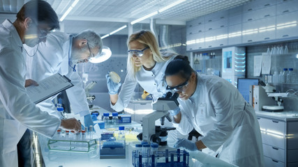 Team of Medical Research Scientists Work on a New Generation Disease Cure. They use Microscope,...