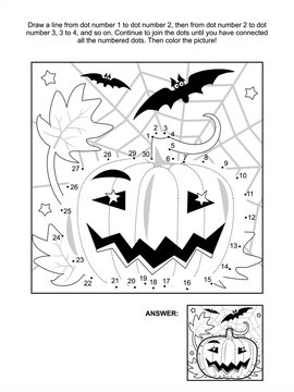 Connect the dots picture puzzle and coloring page - Halloween scene with bats, pumpkins, spider and spiderweb. Answer included.
