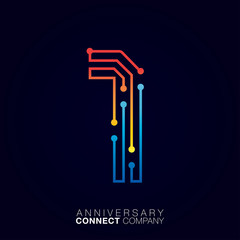1 Anniversary, Letter one logotype orange and blue color,Technology and digital abstract dot connection company vector logo