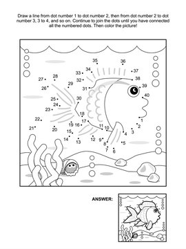 Connect the dots picture puzzle and coloring page, underwater life themed, with fish, seabed, algae, bubbles and little crab. Answer included.
