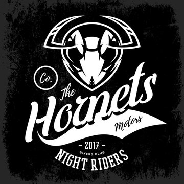 Vintage furious hornet bikers gang club vector logo concept isolated on black background. 
Street wear mascot badge design. Premium quality wild insect emblem t-shirt tee print illustration.