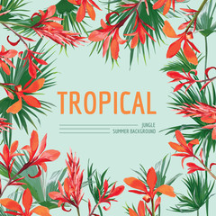 Tropical Flowers and Palm Leaves Background. Graphic Summer Design in Vector