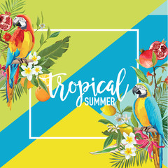 Tropical Lemon, Pomegranate Fruits, Flowers and Parrot Birds Summer Banner, Graphic Background, Exotic Floral Invitation, Flyer or Card. Modern Front Page in Vector