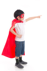 Cute Asian child  in Superhero's costume pointing