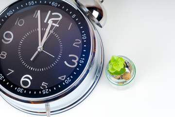 coins with plant and clock, isolated on white background.