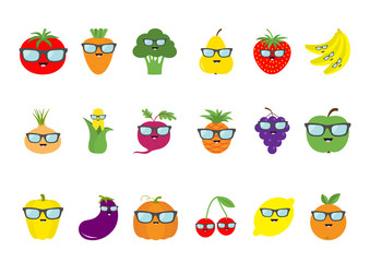 Fruit berry vegetable face sunglasses icon set. Pear, strawberry, banana, pineapple, grape, apple, cherry, lemon, orange. Pepper, tomato, carrot, broccoli, onion, sweet corn, beet, eggplant pumpkin