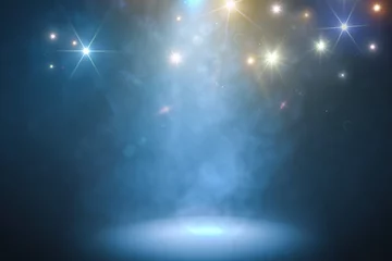 Rolgordijnen Podium met rook en blauw licht. 3D-gerenderde afbeelding. © vchalup