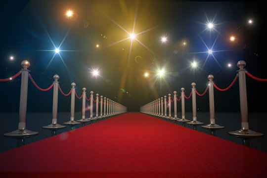 Red carpet for VIP. Flash lights in background. 3D rendered illustration.