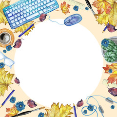 Watercolor background with objects for study and knowledge top view, with a round frame in the middle of white, a pattern for the decor by September 1