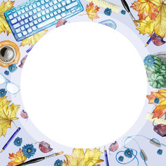 Watercolor background with objects for study and knowledge top view, with a round frame in the middle of white, a pattern for the decor by September 1