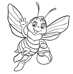 Cute bee flies with clay pot full of honey. Isolated on white background.Outlined for coloring book.